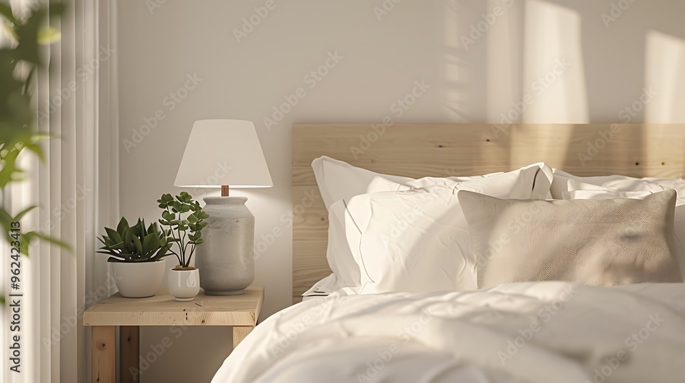 A serene bedroom with white linens light wooden headboard and gray throw pillow creating a peaceful and minimalist atmosphere small nightstand with simple lamp and potted succulent for cozy decor A serene bedroom with white linens light wooden headboard and gray throw pillow creating a peaceful and minimalist atmosphere small nightstand with simple lamp and potted succulent for cozy decor