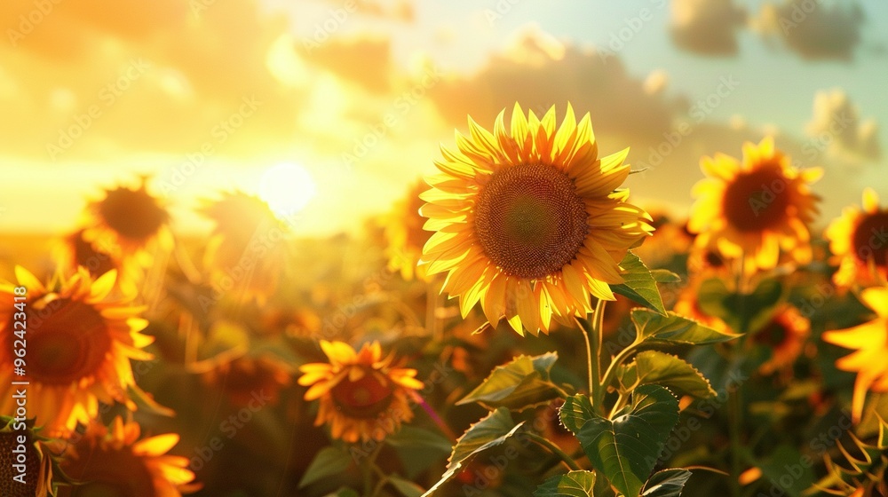 Fototapeta premium A Single Sunflower Facing the Sunset in a Field of Sunflowers