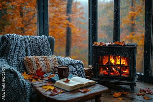 A cozy living room with a warm, crackling fireplace, bookshelves filled with books and decorative items, a comfortable armchair, and a cat sleeping peacefully on a plush rug photo