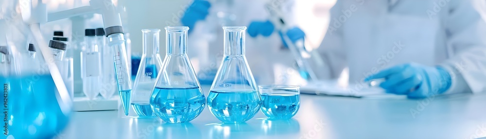 Blue Liquid in Erlenmeyer Flasks on Lab Table Blue Liquid in Erlenmeyer Flasks on Lab Table