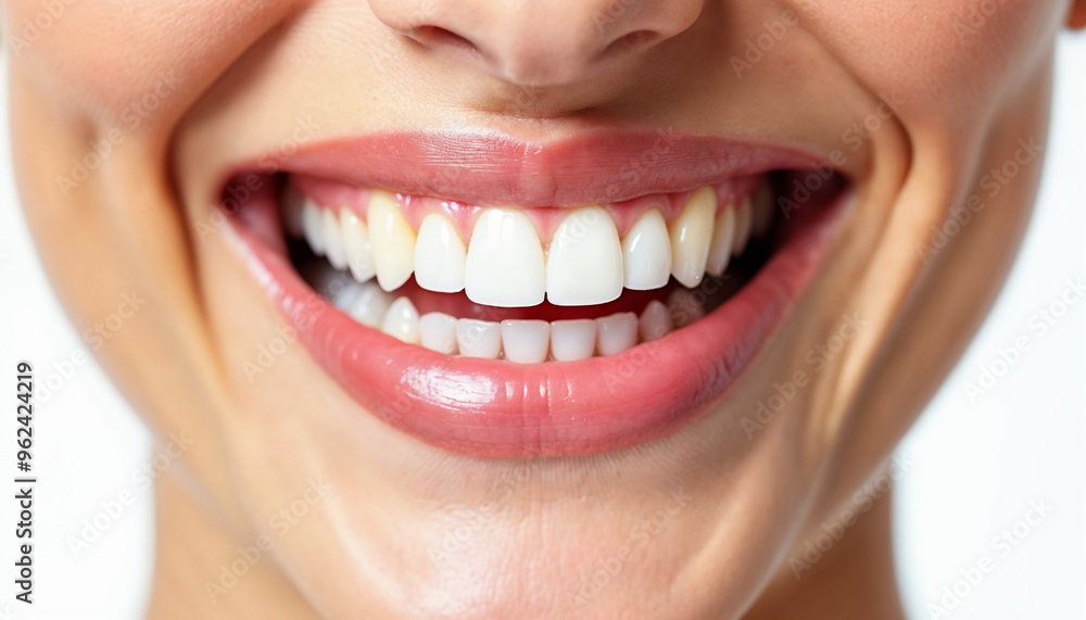 Obraz premium A close-up dental advertisement showcasing only the lips and teeth of a woman