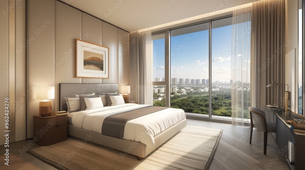 A modern bedroom with a large window showcasing a scenic view of greenery and cityscape. A modern bedroom with a large window showcasing a scenic view of greenery and cityscape.