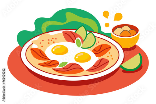 Mexican Chilaquiles Platter with Eggs, Salsa Roja, and Queso Fresco Vector Illustration photo