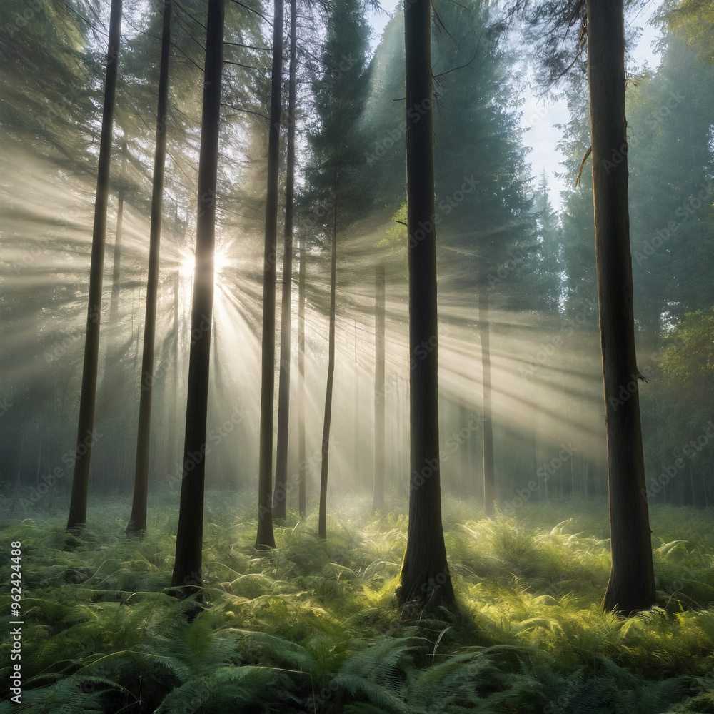 Naklejka premium Tranquil forest clearing with rays 