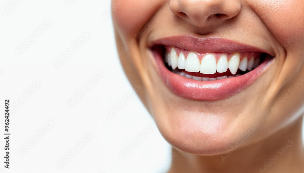 A close-up dental advertisement showcasing only the lips and teeth of a woman A close-up dental advertisement showcasing only the lips and teeth of a woman