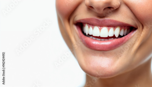 A close-up dental advertisement showcasing only the lips and teeth of a woman