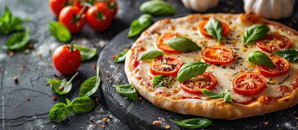 Homemade Italian Pizza With Mozzarella Tomatoes And Basil Leaves Selective Focus Homemade Italian Pizza With Mozzarella Tomatoes And Basil Leaves Selective Focus