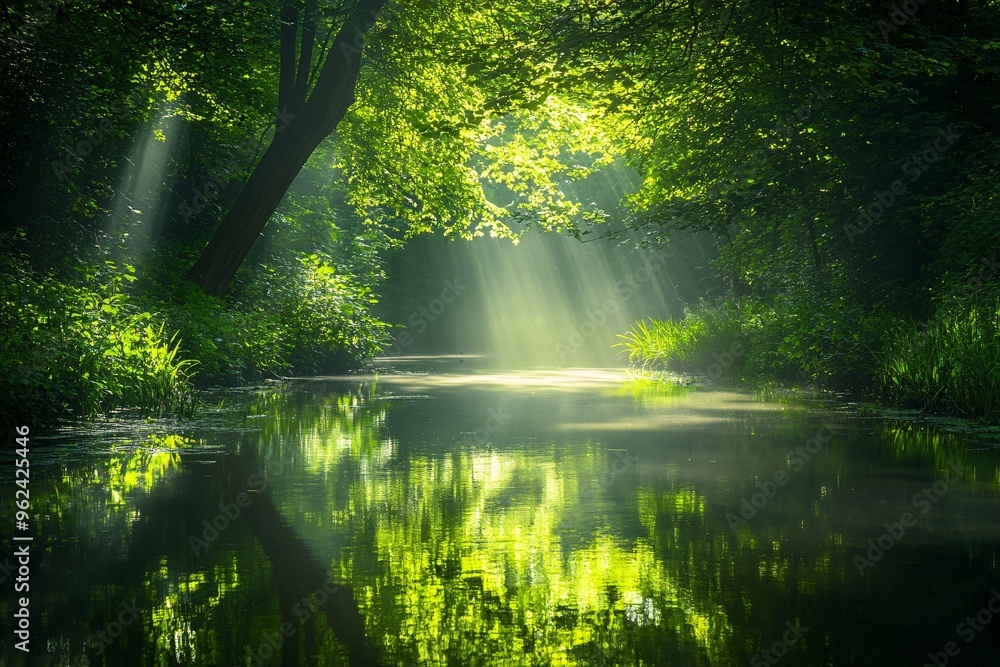 Sunbeams Through Trees Reflecting on River Water Sunbeams Through Trees Reflecting on River Water