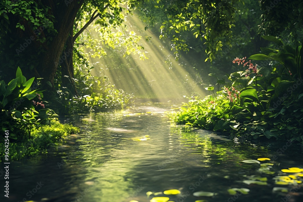 Sunbeams Through Lush Jungle Stream Sunbeams Through Lush Jungle Stream