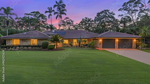 A beautiful modern house surrounded by lush greenery at sunset.