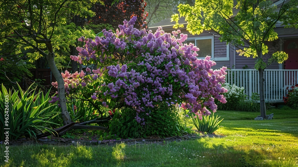 Fototapeta premium Lilac Bush in Bloom by a House and Lawn