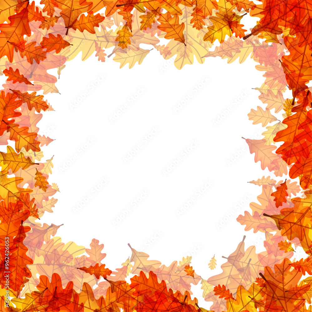 Square wreath of autumn oak leaves in vibrant shades of orange and yellow. Vector illustration. Square wreath of autumn oak leaves in vibrant shades of orange and yellow. Vector illustration.