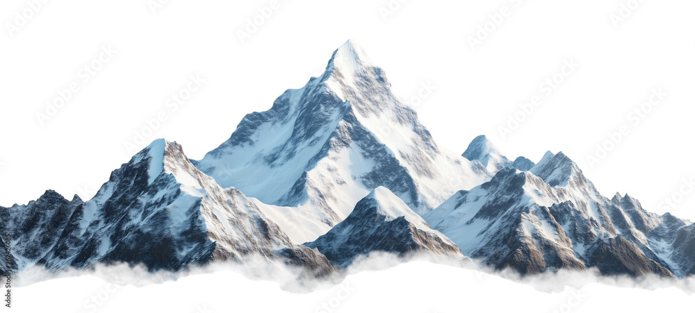 Obraz premium A majestic, snow-capped mountain range with sharp, rugged peaks under a clear sky against an isolated, transparent background