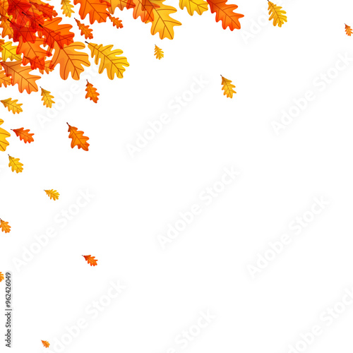 Corner design of falling autumn oak leaves in vibrant orange and yellow tones. Vector illustration.