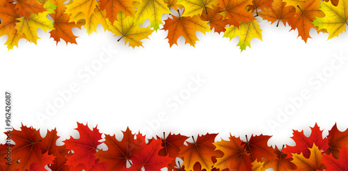 Vibrant red, orange, and yellow maple leaves form a border on a white background. Ideal for seasonal designs, invitations, or fall-themed projects.