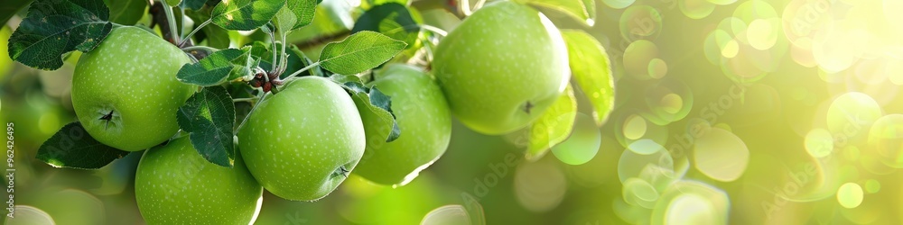 Ripe green apples on a tree branch poised for harvest with a shallow depth of field. Ripe green apples on a tree branch poised for harvest with a shallow depth of field.