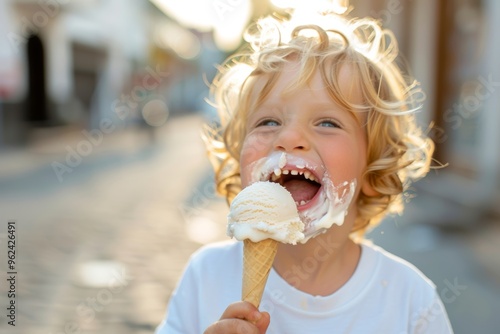 Child relishes the taste of cold creamy ice cream. Boy fresh face and innocent look standing park. Image represents boundless joy and carefree nature of childhood.