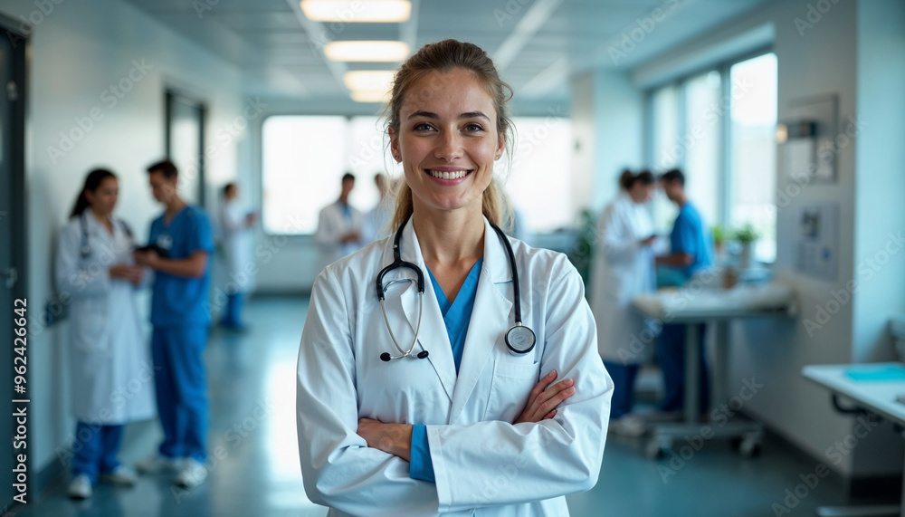 A confident young female doctor smiles with crossed arms in a busy hospital corridor, with healthcare professionals working around her.
A confident young female doctor smiles with crossed arms in a busy hospital corridor, with healthcare professionals working around her.