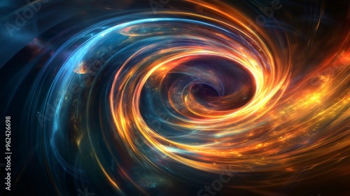 Abstract swirling vortex of fiery orange and cool blue light, with a dark center.