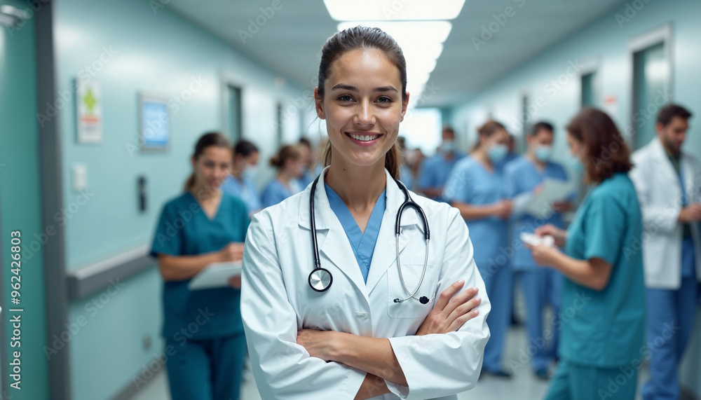 A confident young female doctor smiles with crossed arms in a busy hospital corridor, with healthcare professionals working around her.
A confident young female doctor smiles with crossed arms in a busy hospital corridor, with healthcare professionals working around her.