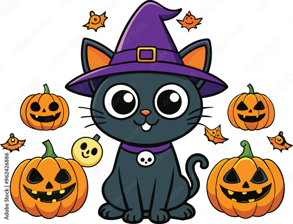 Black cat background with pumpkins and witch hat - Halloween Background illustration Black cat background with pumpkins and witch hat - Halloween Background illustration
