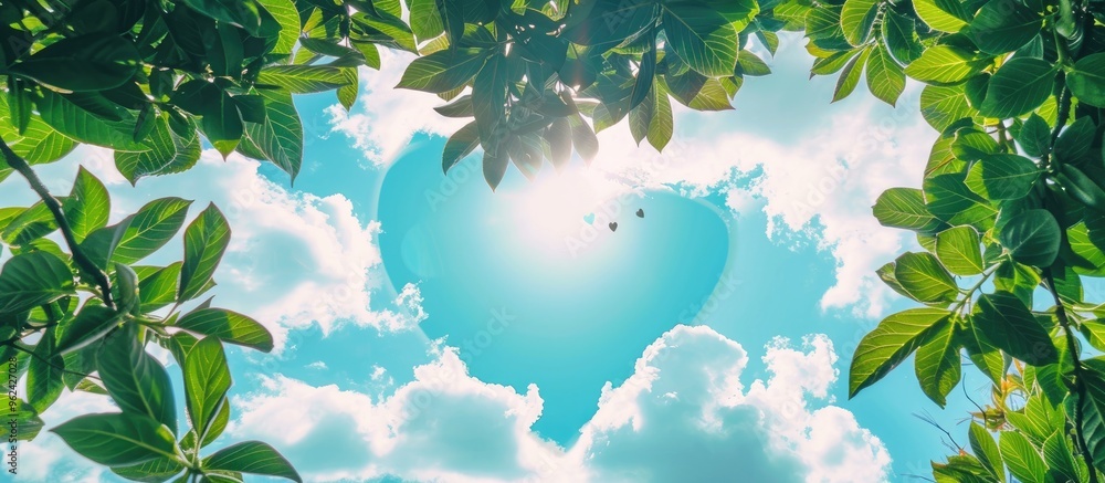 Obraz premium Against The Background Of Green Foliage And Blue Sky With White Clouds A Cute Heart Declaration Of Love