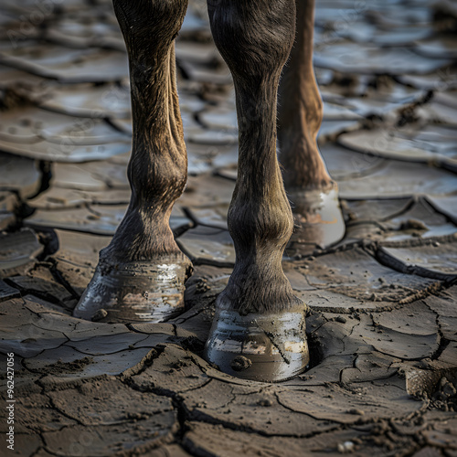 Horse Hoof on Parched Earth: A Close-Up of Resilience and Natural Strength