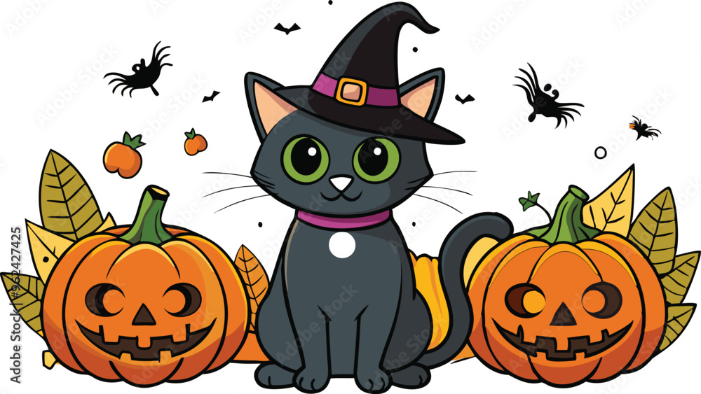 Black cat background with pumpkins and witch hat - Halloween Background illustration Black cat background with pumpkins and witch hat - Halloween Background illustration