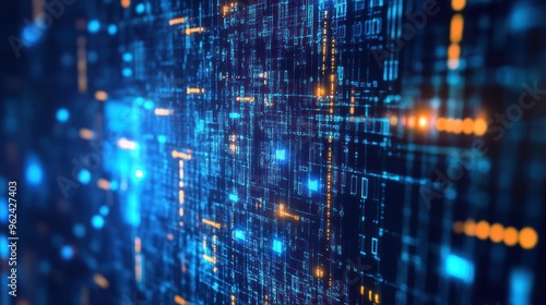 Abstract digital background with blue and orange glowing lines and shapes