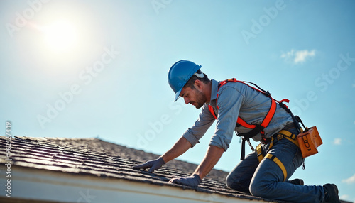 A construction worker in a hard hat and safety harness repairs a roof with precision, ensuring safety measures in sunny weather.