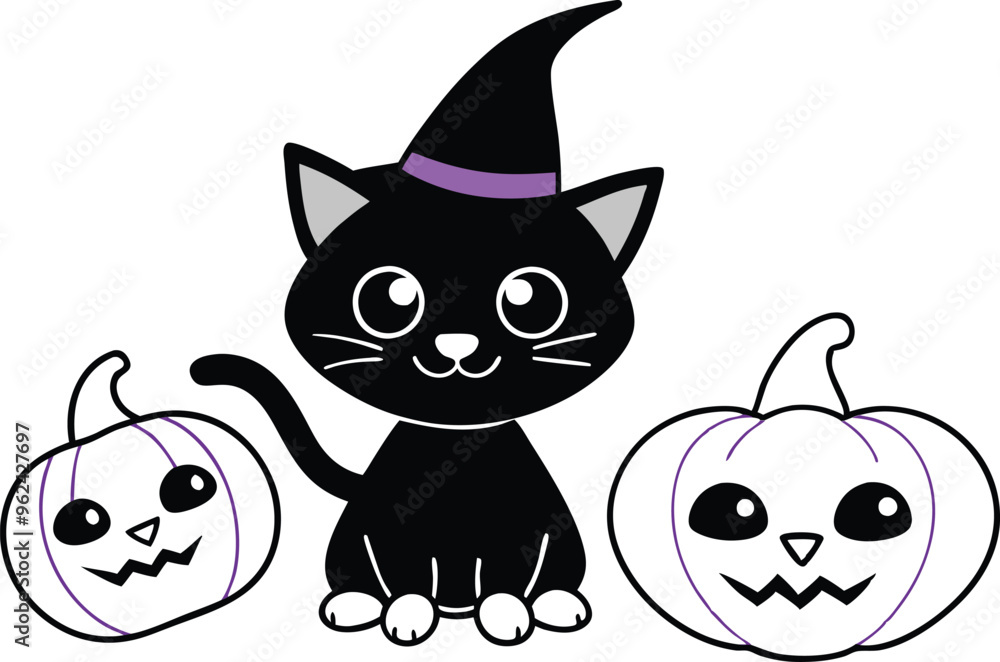 Obraz premium Black cat background with pumpkins and witch hat - Halloween Background illustration 