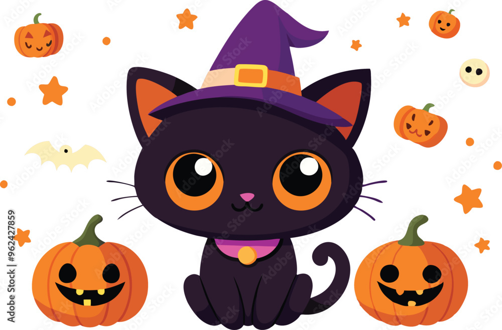 Black cat background with pumpkins and witch hat - Halloween Background illustration Black cat background with pumpkins and witch hat - Halloween Background illustration