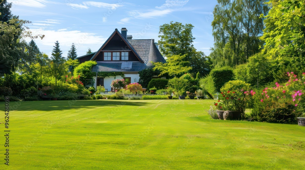 A serene house surrounded by a lush garden and vibrant flowers under a clear blue sky. A serene house surrounded by a lush garden and vibrant flowers under a clear blue sky.
