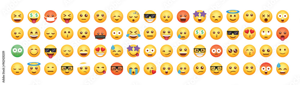 Set of yellow emoji and emoticon faces in vector graphic format on a transparent background. This collection represents a variety of emotions and expressions, perfect for digital designs. Set of yellow emoji and emoticon faces in vector graphic format on a transparent background. This collection represents a variety of emotions and expressions, perfect for digital designs.