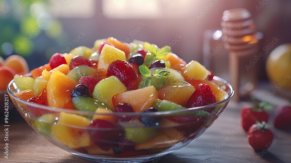 Fresh fruit salad in a glass bowl with a hint of honey. Fresh fruit salad in a glass bowl with a hint of honey.