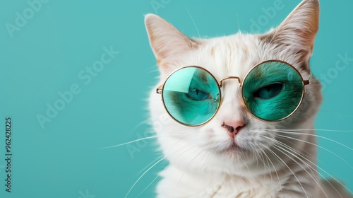 White cat with blue eyes wearing round glasses isolated on green background, copy space concept. Cat in sunglasses portrait close up