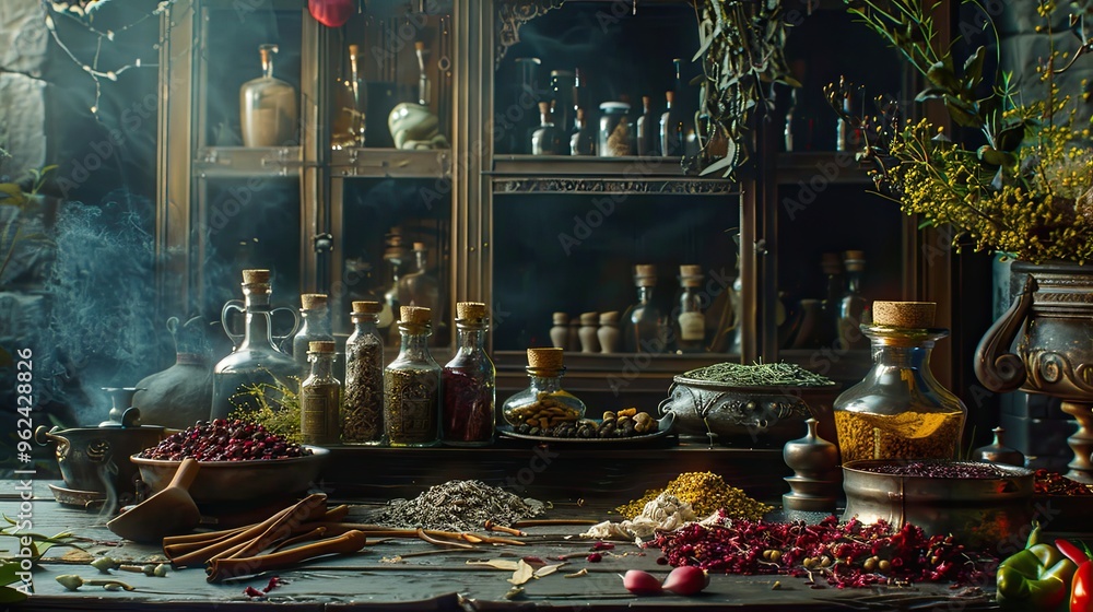 Gothic backdrop featuring herbs and spices in brooding mysterious arrangements Gothic backdrop featuring herbs and spices in brooding mysterious arrangements