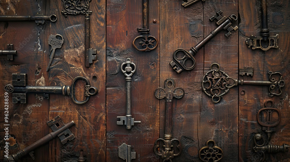 Renaissance backdrop with aged keys arranged on polished wood in soft natural lighting Renaissance backdrop with aged keys arranged on polished wood in soft natural lighting