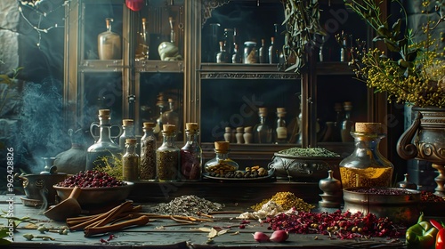 Gothic backdrop featuring herbs and spices in brooding mysterious arrangements