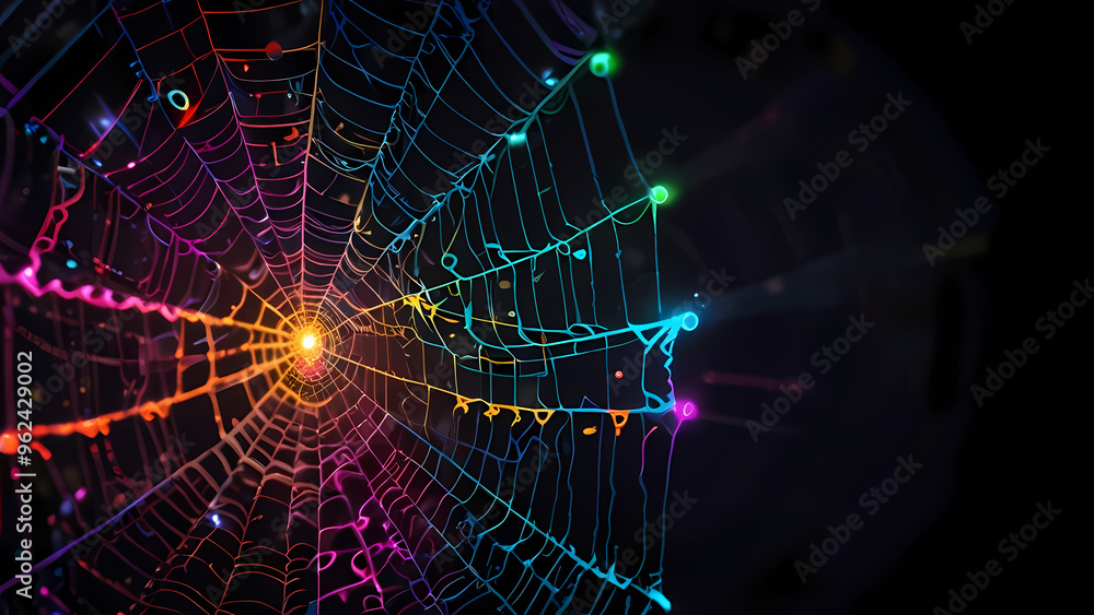 Obraz premium Abstract illustration of a spider web with neon threads stretching in various directions