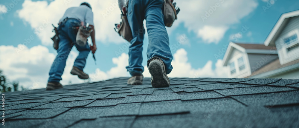 Two roofers walking on a roof with a neighborhood in the background Two roofers walking on a roof with a neighborhood in the background