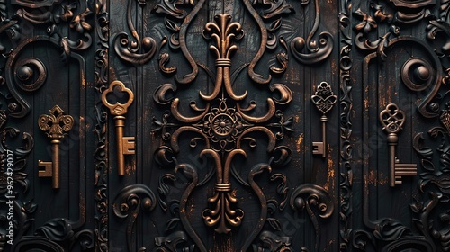 Intricate wood carvings and dramatic keys create mystery in this Gothic-inspired wallpaper