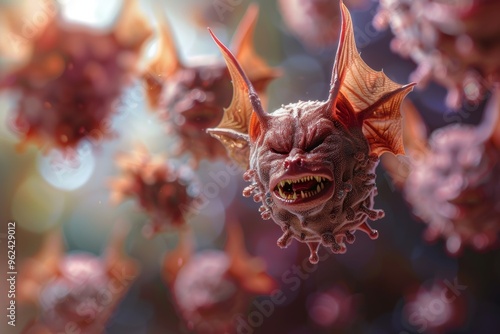 Fantasy art showing virus cute bat's head blending fear whimsy. Imaginative illustration of bat's head virus complementing spooky theme. Transformation of health threat something whimsically eerie. photo