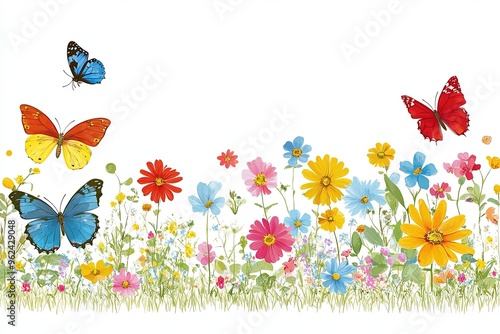 Colorful butterflies fluttering among vibrant wildflowers in a sunny garden during springtime. Generative AI