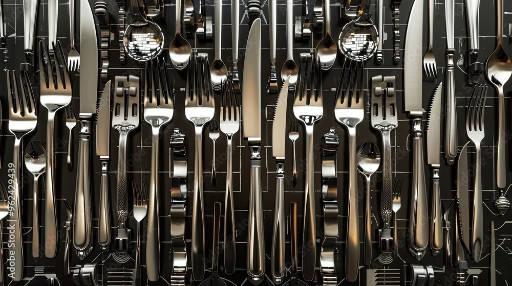 Geometric silverware arranged in a Constructivism backdrop with industrial textures Geometric silverware arranged in a Constructivism backdrop with industrial textures