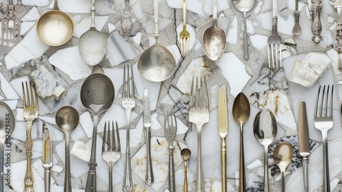 Dadaism backdrop with silverware in whimsical nonsensical arrangements on fragmented surfaces photo