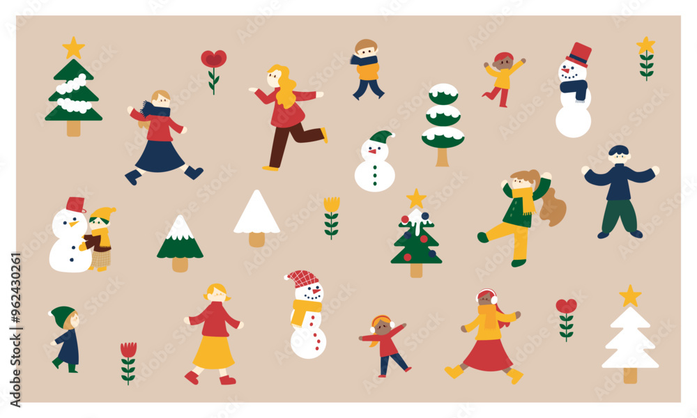 Naklejka premium 冬と人々のイラストセット