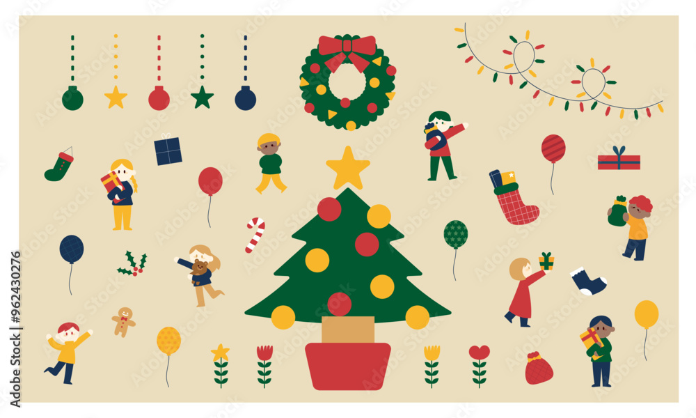 子供たちとクリスマスのイラストセット 子供たちとクリスマスのイラストセット