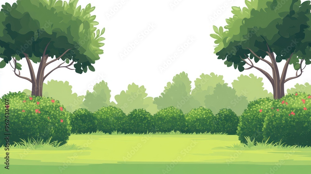 Lush Green Landscape with Two Trees and Shrubs Stock Illustration ...
