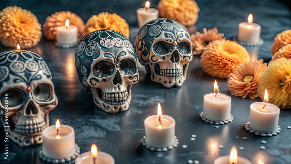 Abstract scene of floating sugar skulls surrounded by marigold petals and glowing candles, [Day of the Dead], [spiritual artwork]